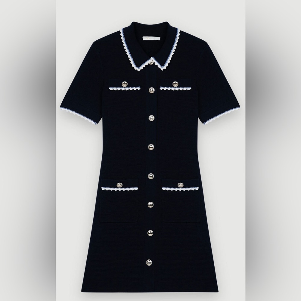 MAJE Rolando Scalloped Trim Mini Dress in Navy Size 38 (6)